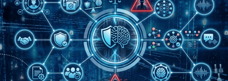 Abstract digital network diagram showing a combined shield and AI brain hub interconnected with data privacy, security, and risk icons.